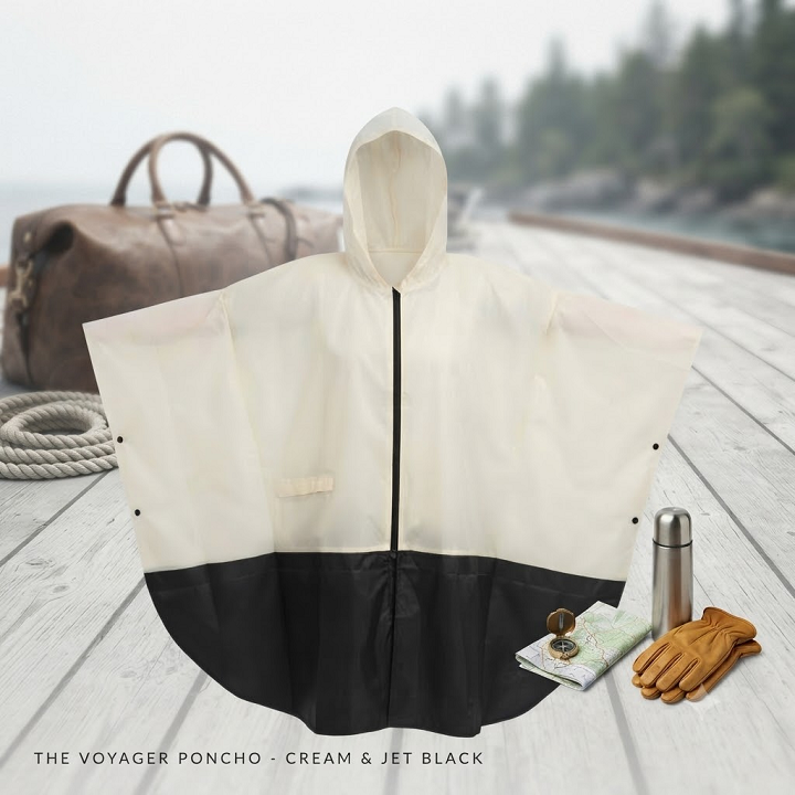 Áo Mưa Choàng Poncho Có Khóa Kéo, Chất Liệu Được Nâng Cấp, phối màu đen trắng. - Phối Đen Trắng