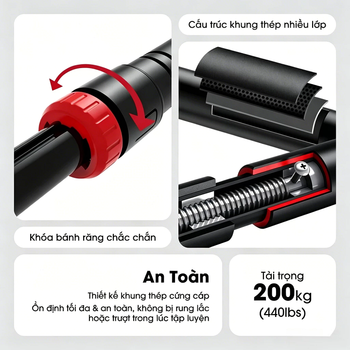 Xà đơn gắn khung cửa điều chỉnh được, không cần khoan tường kích thước 90-130cm