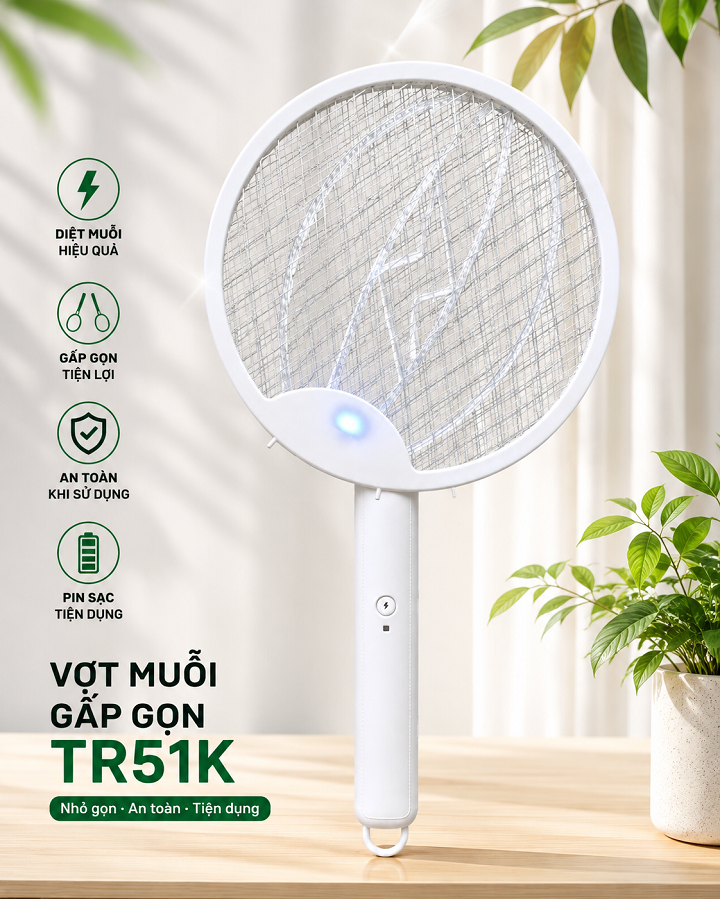 Vợt muỗi gấp gọn tiện lợi R51K dùng sạc an toàn