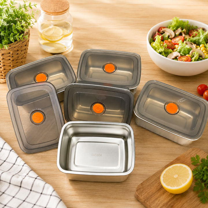 Hộp Đựng Thực Phẩm Inox 304 1200ml 122g Đựng Đồ Ăn Để Tủ Lạnh Kèm Nắp Đậy