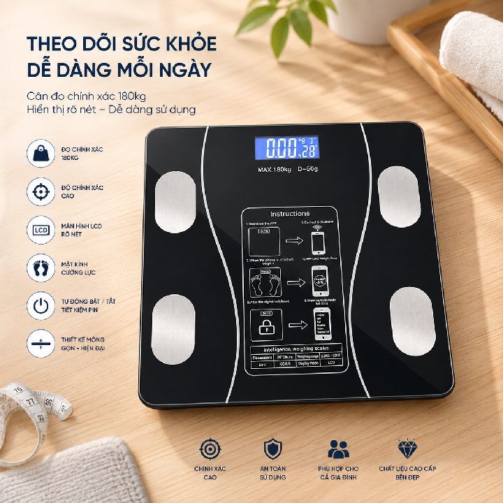 Cân điện tử, cân sức khỏe kết nối Bluetooth 4.0 max 180kg