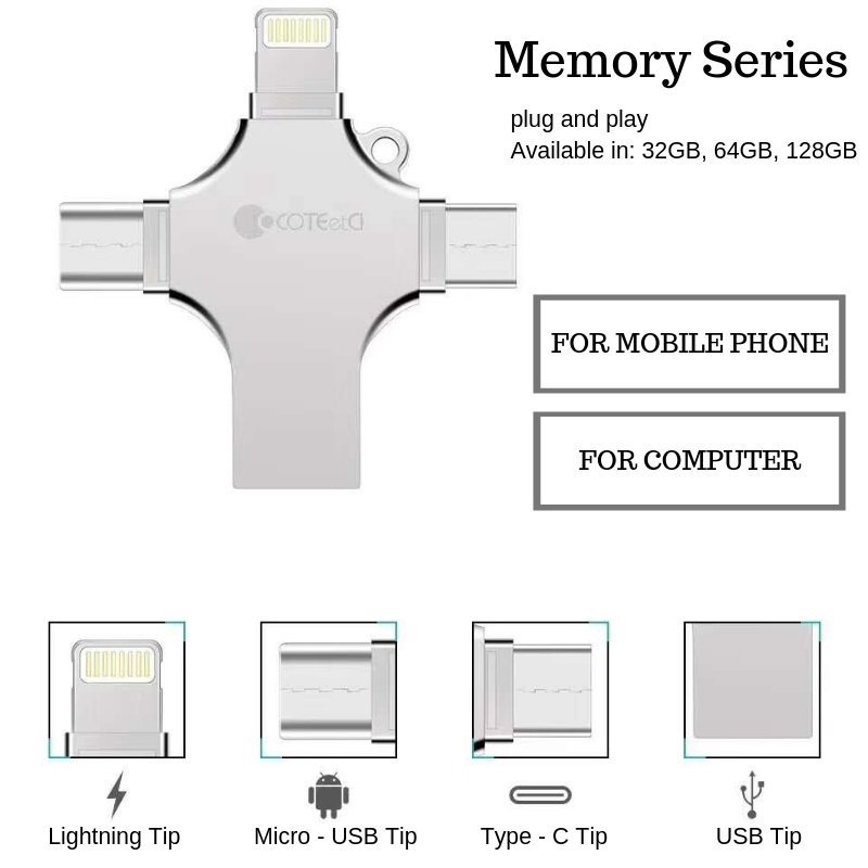 Flashdrive USB 2.0 nhôm đa năng 4 trong 1 Conteetci (Micro USB, Type C, Lightning)
