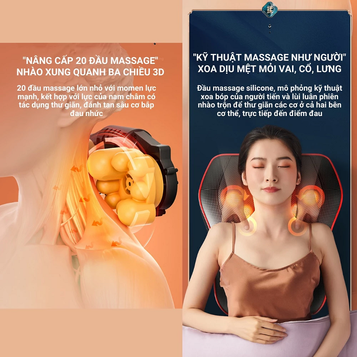 Gối Massage Cổ Vai Gáy Hồng Ngoại Tích hợp Hai con lăn nhào lộn 3D
