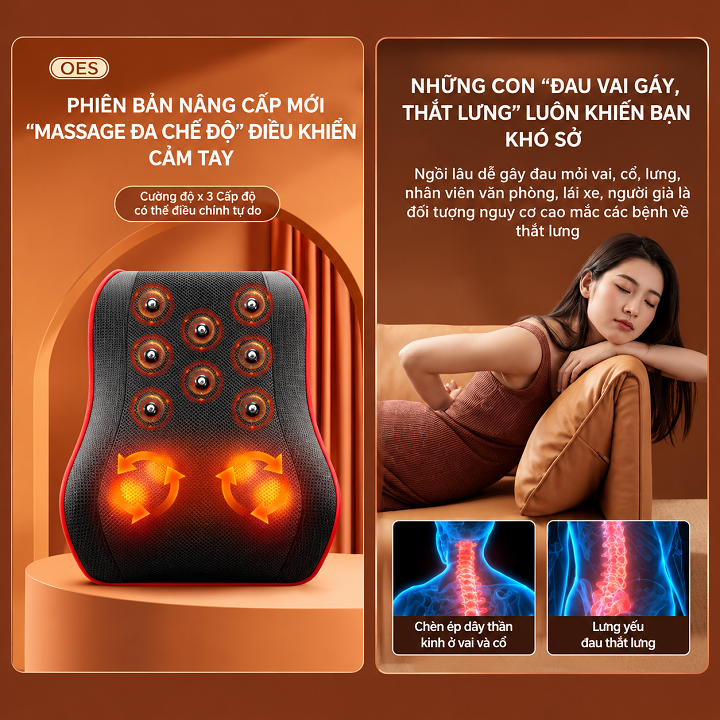 Gối Massage Cổ Vai Gáy Hồng Ngoại Tích hợp Hai con lăn nhào lộn 3D