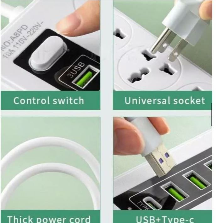 Ổ Cắm Điện Đa Năng Cao Cấp 8 Ổ Cắm 3 Cổng USB 1 Cổng Type- C, Phù Hợp Mọi Loại Ổ Cắm, Chống Cháy Chịu Nhiệt Độ Cao