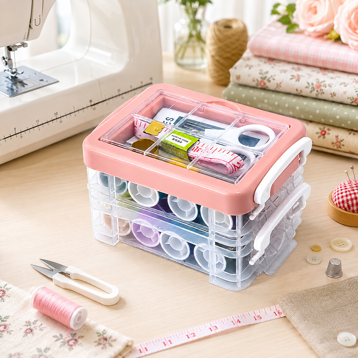 Hộp Kim Chỉ May Vá Đa Năng Lớn 2 Tầng Kèm 12 Cuộn Chỉ