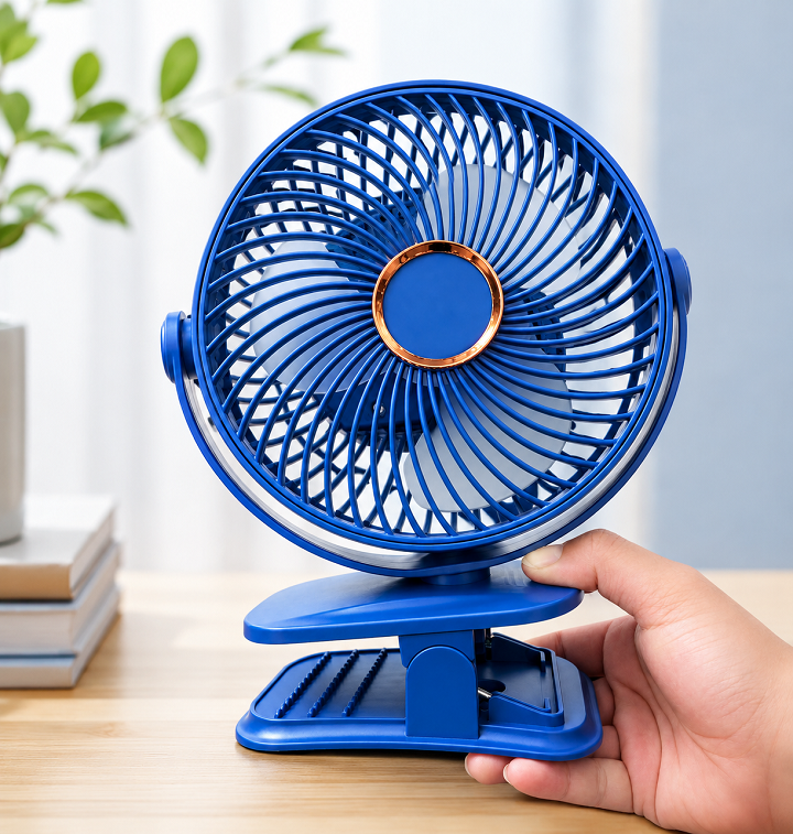 Quạt tích điện kẹp bàn nhỏ gọn dùng pin sạc
