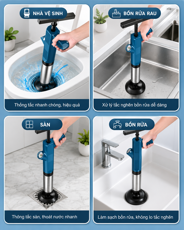 Bơm Thông Tắc Cống Áp Lực Cao Bằng Thép Không Ghỉ Nâng Cấp Đa Năng Thông Bồn Cầu, Lavabo, Chậu Rửa