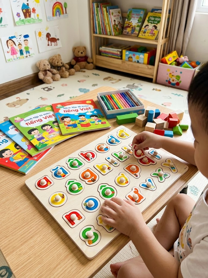 Bảng học ghép hình chữ cái tiếng Việt in thường có núm gỗ