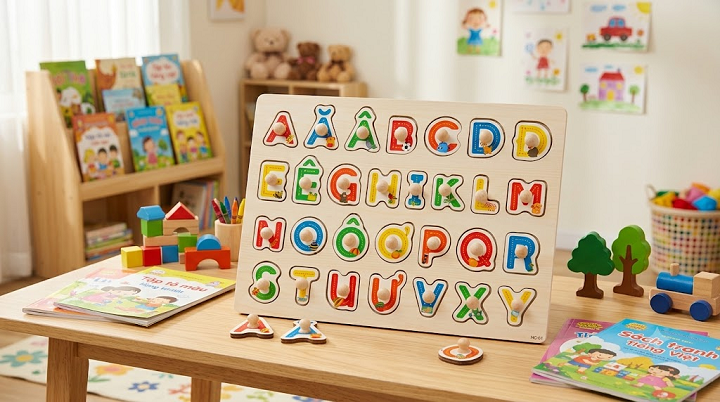 Bảng học ghép hình chữ cái tiếng việt in hoa có núm gỗ
