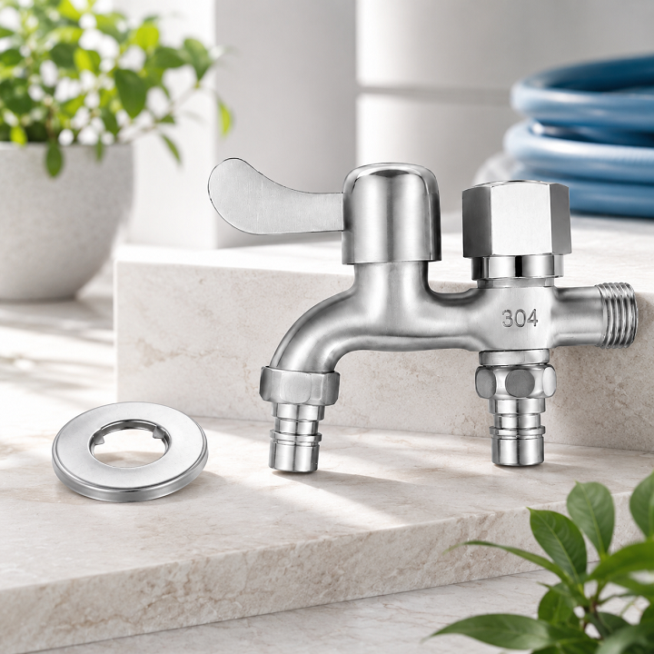 Vòi nước 2 đầu ra bằng inox, Van 2 đầu nước ra