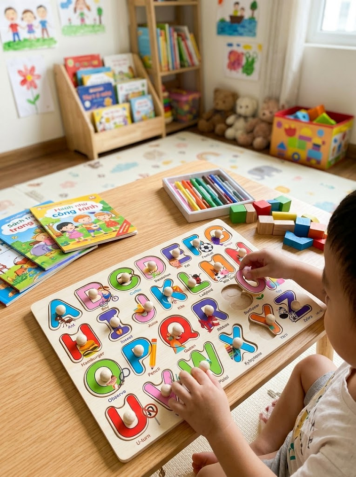 Bảng học ghép hình chữ cái tiếng Anh in hoa có núm gỗ