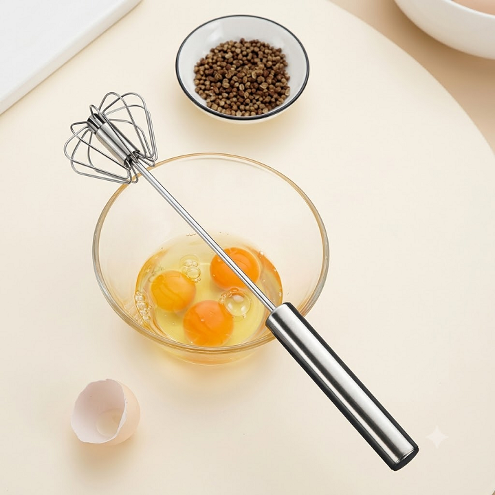 Cây đánh trứng, đánh bọt cafe bằng tay có trục tư xoay, bằng Inox