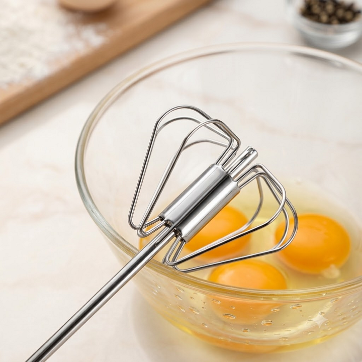 Cây đánh trứng, đánh bọt cafe bằng tay có trục tư xoay, bằng Inox