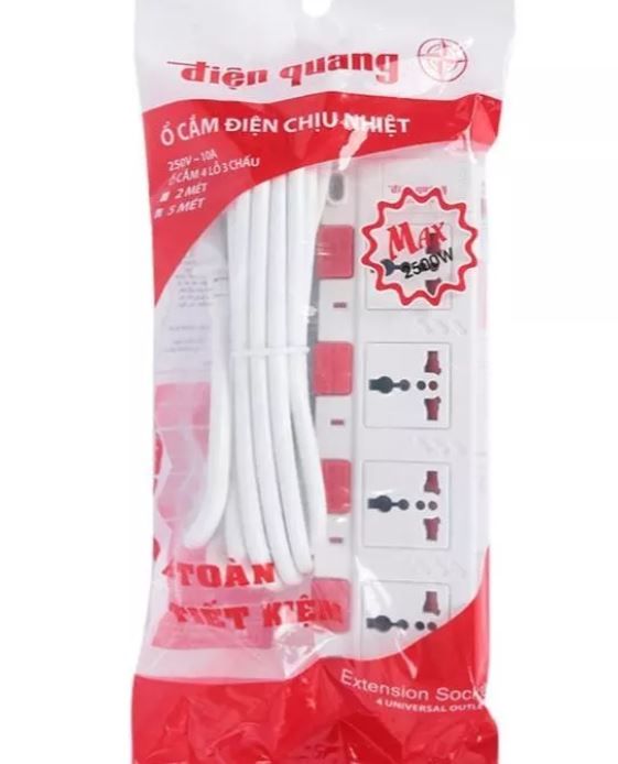 Ổ cắm Điện Quang ĐQ ESK SM740SL ( 4 lỗ 3 chấu ) - Trắng Nút Đỏ - Dây Dài 2 Mét