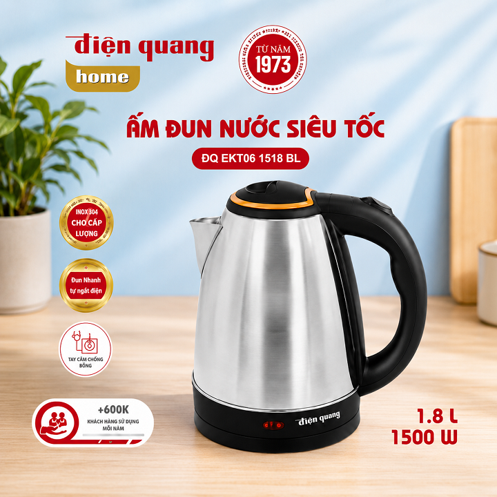 Ấm đun nước siêu tốc Điện Quang ĐQ EKT06 1518 BL 1500W, Thể Tích 1.8L, cấu tạo INOX 201