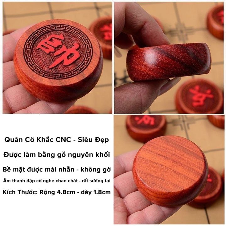 Bộ cờ tướng gỗ sồi quân cờ khắc 4.8 cm và bàn cờ vải da lộn kèm hộp đựng bọc da cao cấp