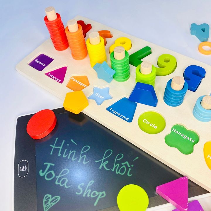 Bộ đồ chơi học tập bảng gỗ Montessori 3 dòng hình khối và chữ số dành cho bé