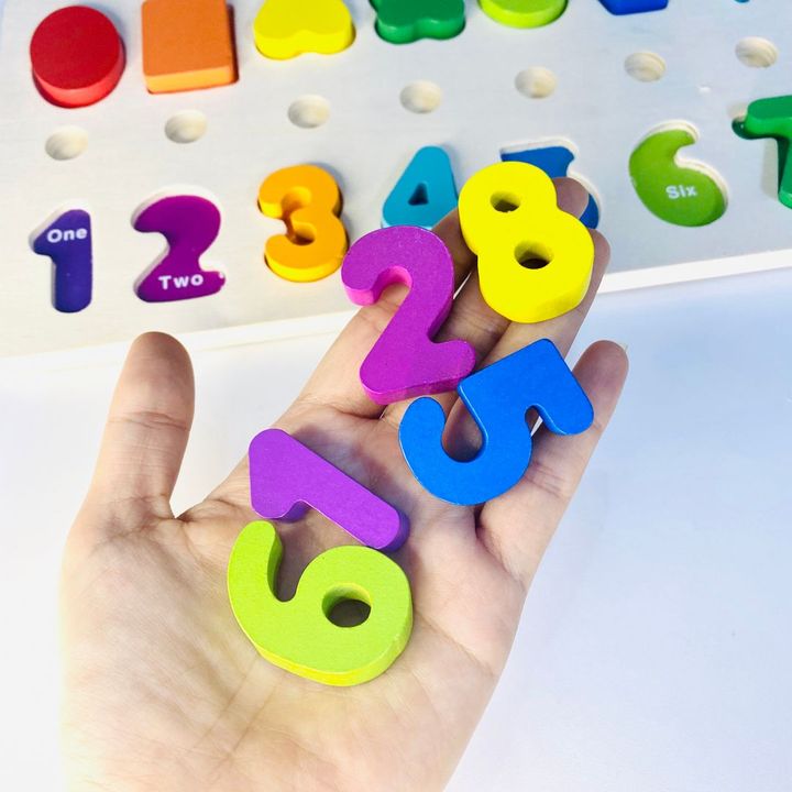 Bộ đồ chơi học tập bảng gỗ Montessori 3 dòng hình khối và chữ số dành cho bé