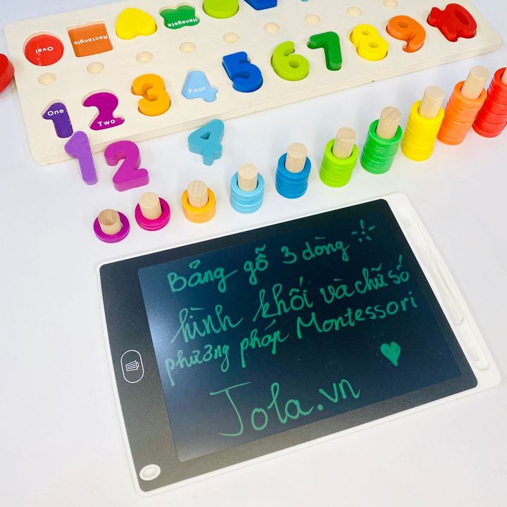Bộ đồ chơi học tập bảng gỗ Montessori 3 dòng hình khối và chữ số dành cho bé 
