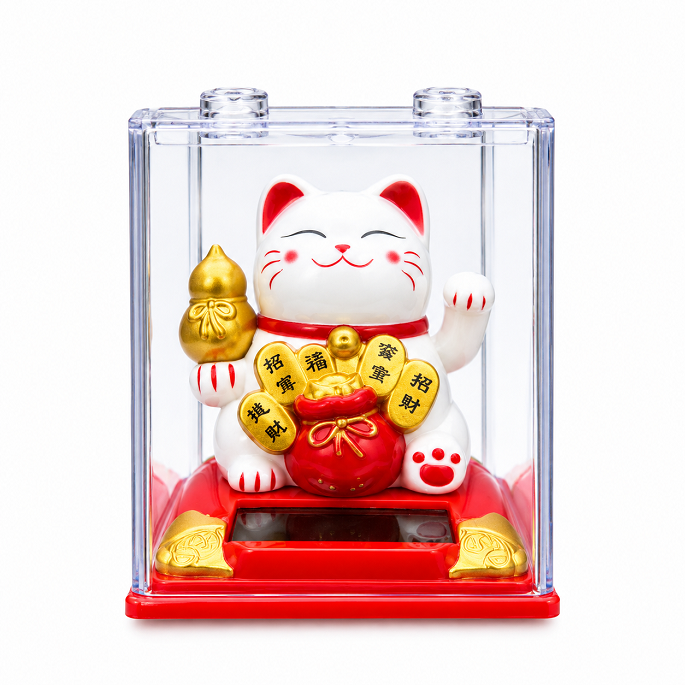 Mèo thần tài may mắn tích điện năng lượng vẫy tay có hộp đựng 7 x 6 x 6 cm