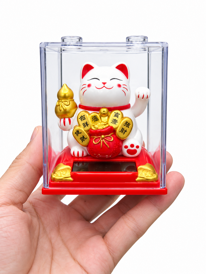Mèo thần tài may mắn tích điện năng lượng vẫy tay có hộp đựng 7 x 6 x 6 cm