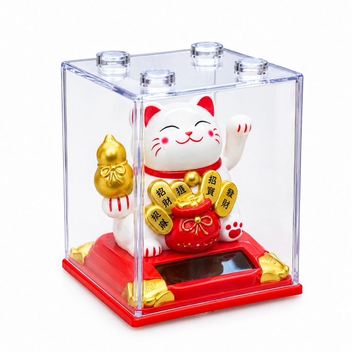 Mèo thần tài may mắn tích điện năng lượng vẫy tay có hộp đựng 7 x 6 x 6 cm