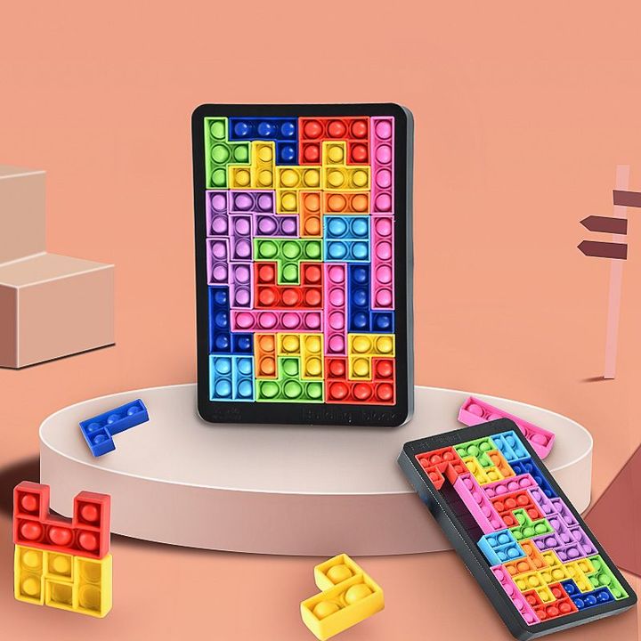 Đồ chơi pop it nhấn bong bóng xếp hình game Tetris silicone 27 chi tiết