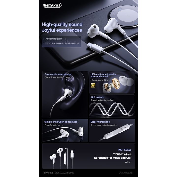 Tai nghe cắm dây cổng Type-C Remax RM-575a