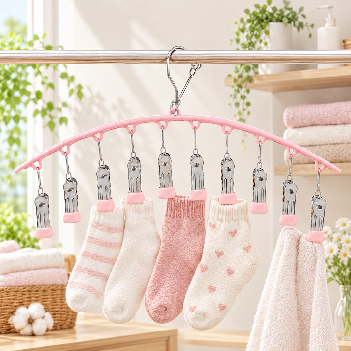 Móc treo quần áo, tất vớ 10 kẹp có khoá chống gió - chắc chắn, siêu bền - Hồng
