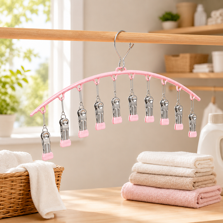 Móc treo quần áo, tất vớ 10 kẹp có khoá chống gió - chắc chắn, siêu bền - Hồng