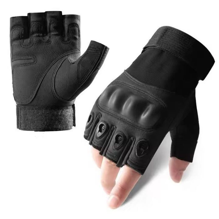Găng tay hở nửa ngón có gù bảo vệ size L, đi xe máy chống trơn trượt - Màu đen