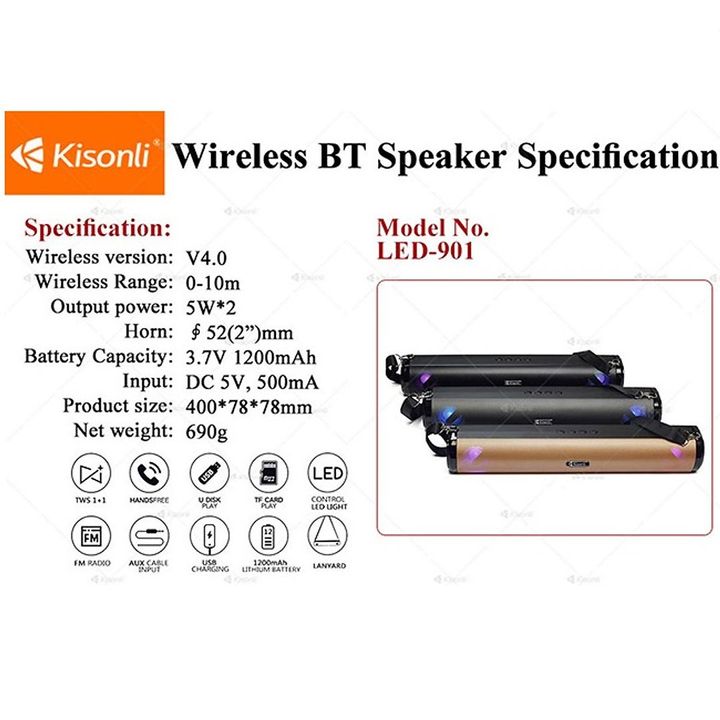 Loa Bluetooth Kisonli LED-901 10W Kết nối 2 loa, Bluetooth 4.0+ EDR