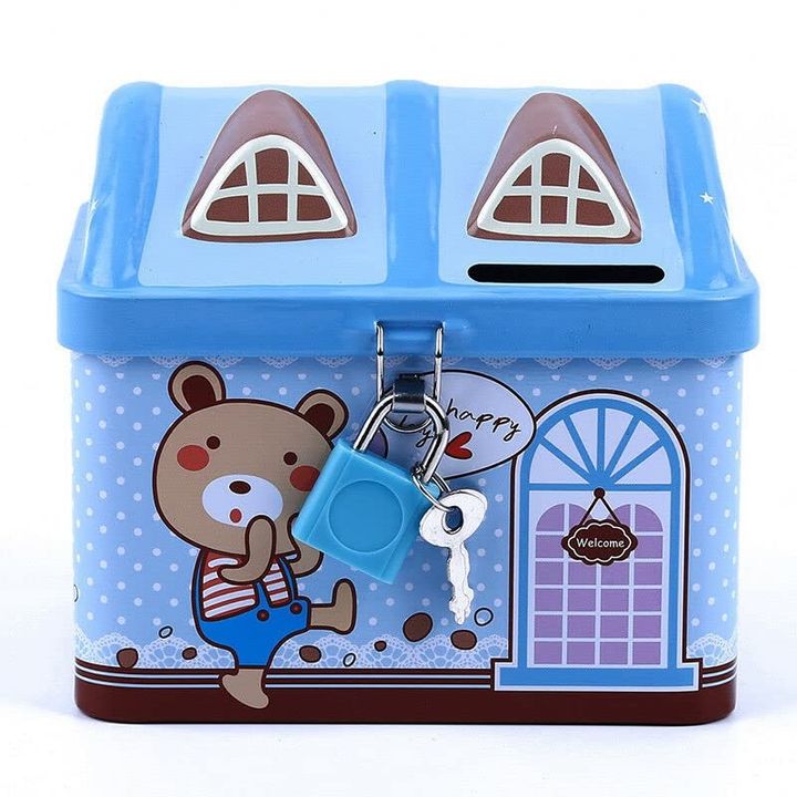 Két sắt mini hình ngôi nhà có ổ khóa - màu xanh