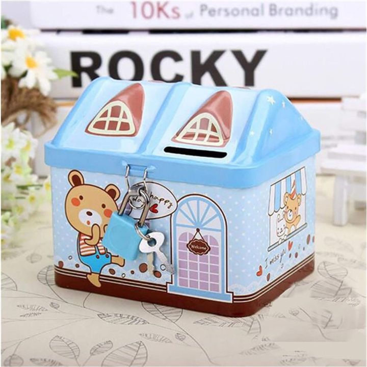 Két sắt mini hình ngôi nhà có ổ khóa - màu xanh