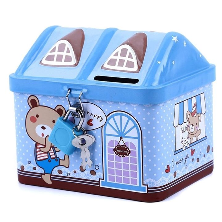Két sắt mini hình ngôi nhà có ổ khóa - màu xanh