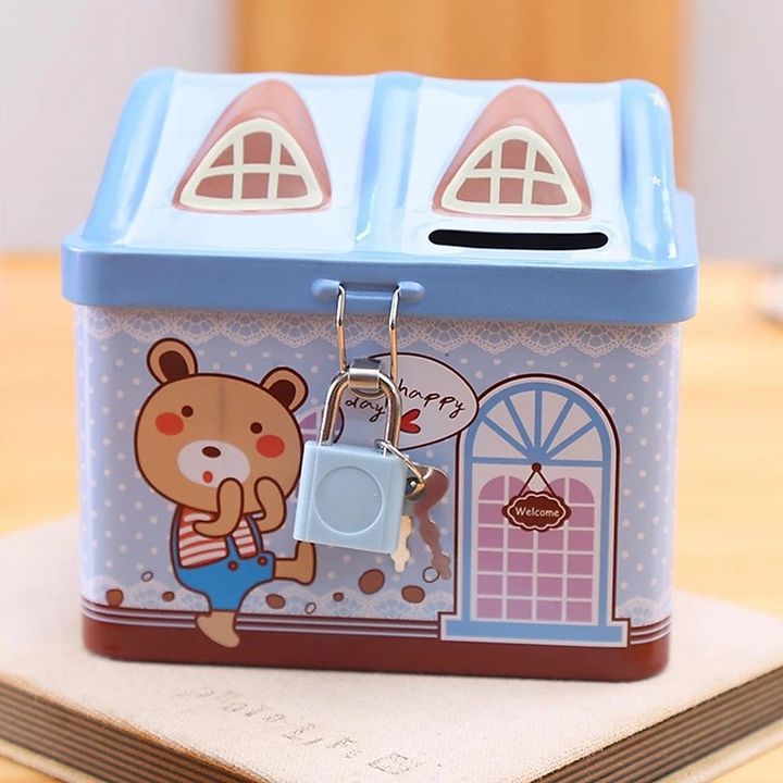 Két sắt mini hình ngôi nhà có ổ khóa - màu xanh