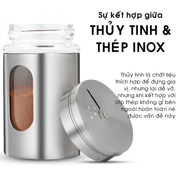Lọ đựng gia vị tiêu bằng thủy tinh bọc inox chống gỉ