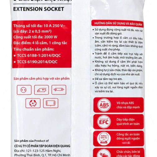 Ổ cắm Điện Quang ECO ĐQ ESK 42 ECO ( 4 lỗ 2 chấu ) - Dây dài 5M- Đen