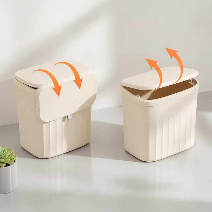 Thùng Đựng Rác Treo Tường, Treo Cánh Cửa, Cạnh Tủ, Màu Be Có Nắp Trượt