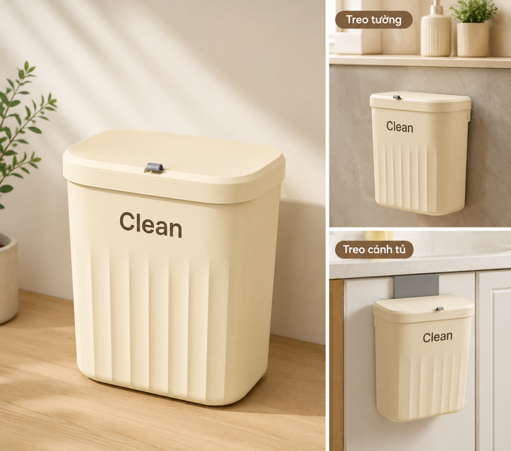 Thùng Đựng Rác Treo Tường, Treo Cánh Cửa, Cạnh Tủ, Màu Be Có Nắp Trượt