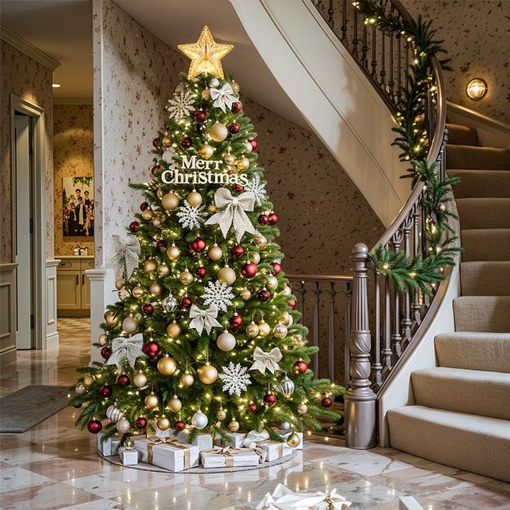 Set trang trí giáng sinh cây thông 1.2 mét tông Champagne, đầy đủ đèn 10m và thảm lông đi kèm