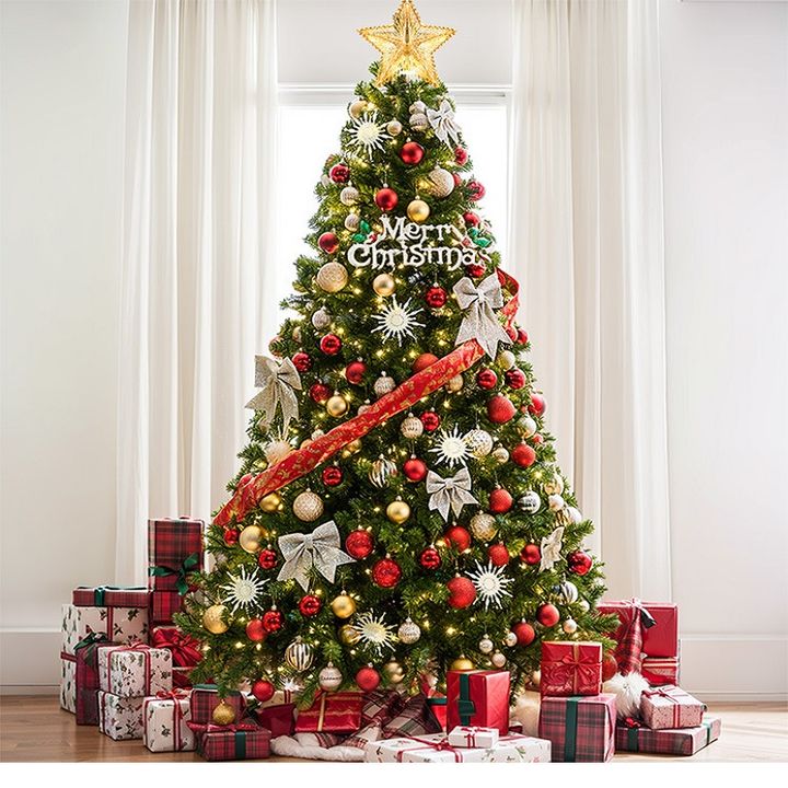 Set trang trí giáng sinh cây thông 1.2 mét tông Champagne, đầy đủ đèn 10m và thảm lông đi kèm