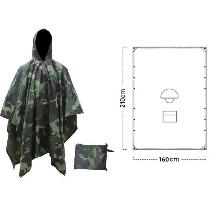 Áo mưa Poncho vải Polyester PVC họa tiết rằn ri có khóa kéo ở cổ 3in1 đa năng 210*140 cm