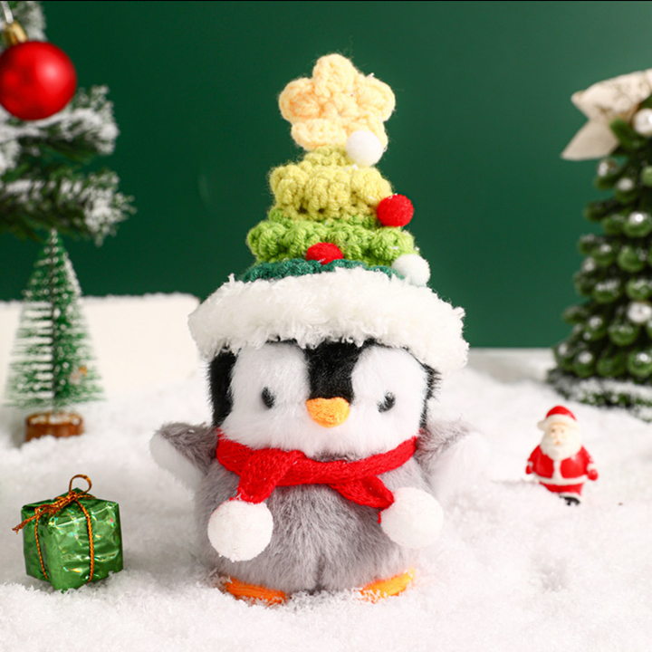 Móc khoá nhồi bông hình chim cánh cụt mặc nón cây thông giáng sinh móc len