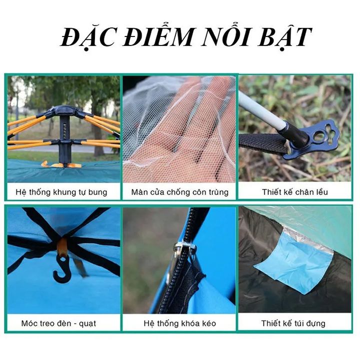 Lều cắm trại du lịch tự bung tự động 2 cửa ra kích thước 2x1.5x1.3m cho 2-3 người