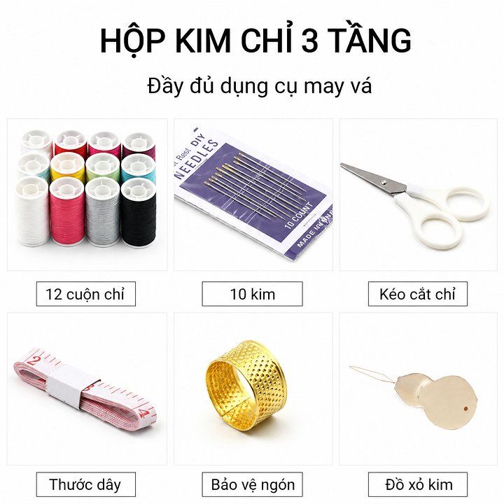 Hộp Kim Chỉ May Vá Đa Năng Lớn 2 Tầng Kèm 12 Cuộn Chỉ SP1280203
