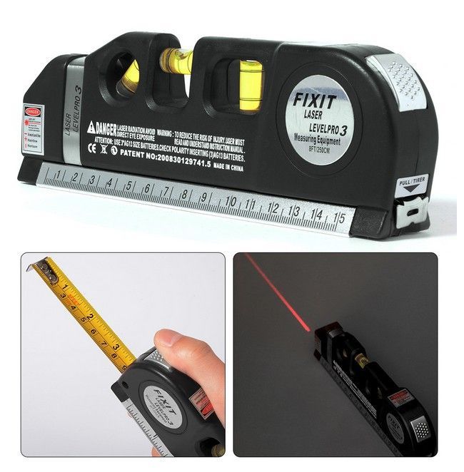 Thước đo lazer, kết hợp một thước đo băng, một bong bóng san lấp mặt bằng ba vị trí và mức laser