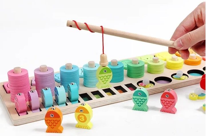 Bảng gỗ đồ chơi và học số, hình, câu cá, bắt ong phương pháp Montessori 5 trong 1