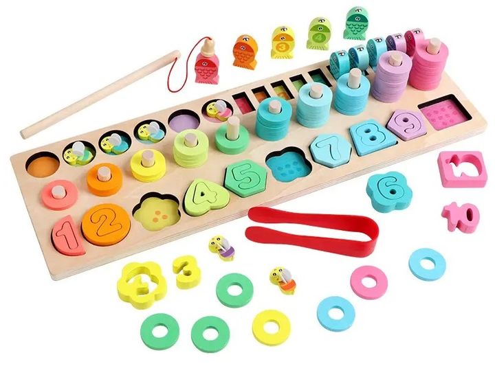 Bảng gỗ đồ chơi và học số, hình, câu cá, bắt ong phương pháp Montessori 5 trong 1